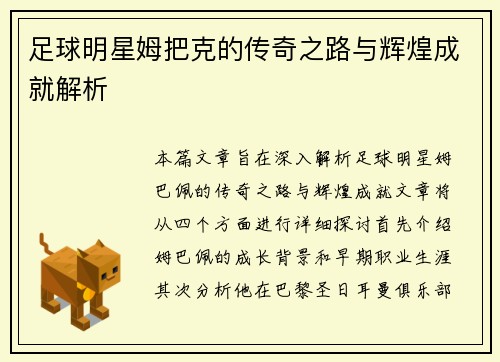 足球明星姆把克的传奇之路与辉煌成就解析