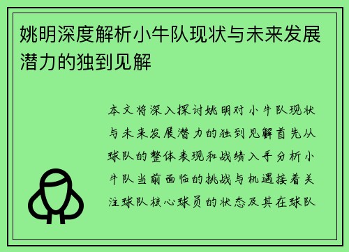姚明深度解析小牛队现状与未来发展潜力的独到见解